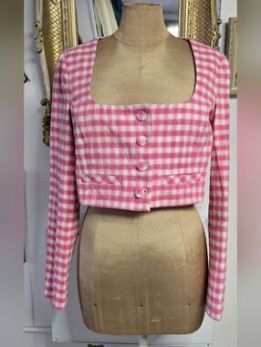 Zara Pink and White Gingham Cropped Jacket